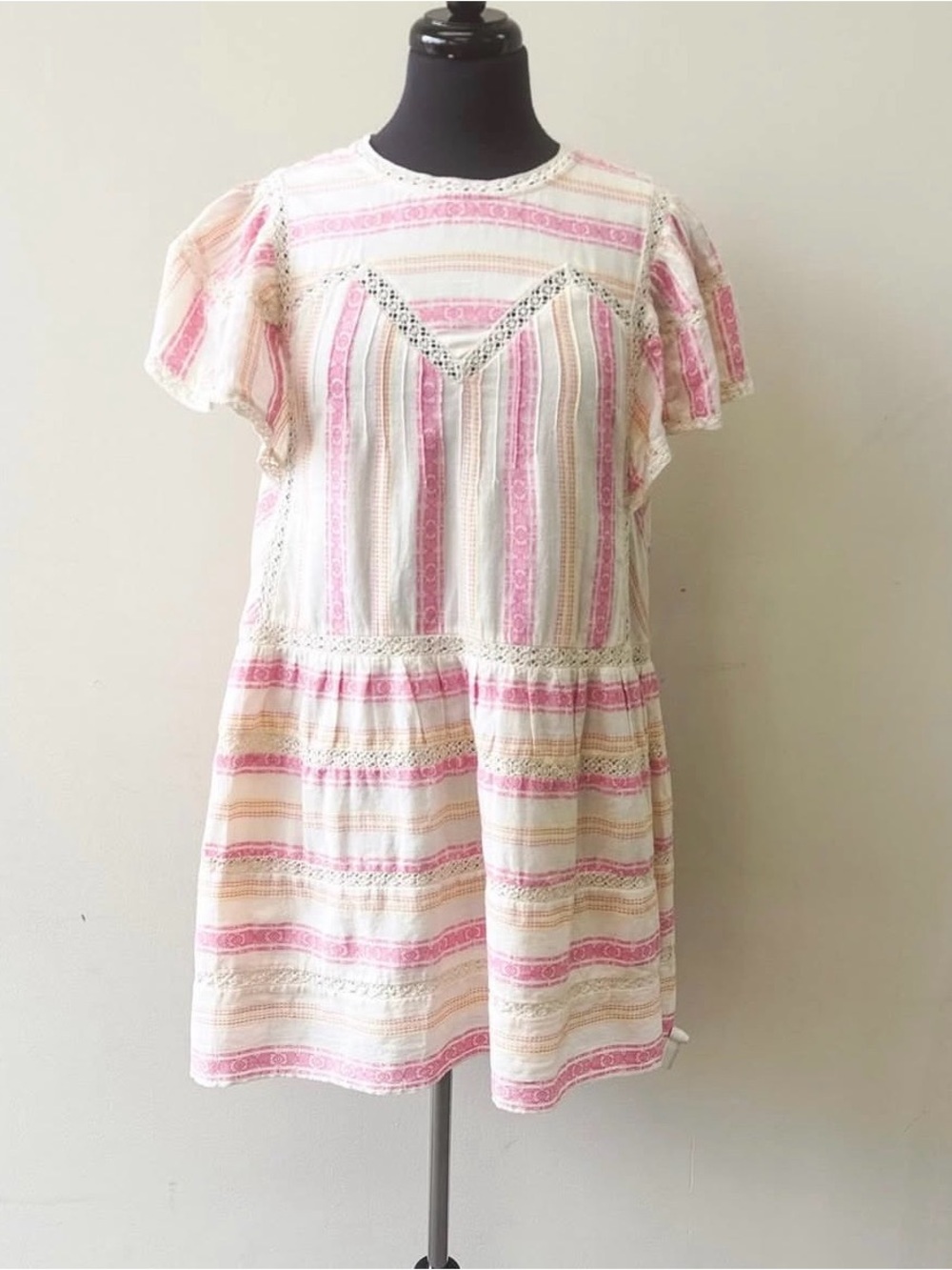DRA Los Angeles Cream Dress with Pink & Yellow Stripes and Ruffle Sleeves